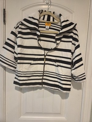 Ruby Rd. Women s Petite PS Black/White Striped Hooded Full Zip Hoodie