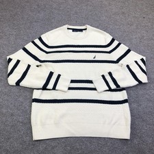 Nautica Sweater Mens Medium White Striped Crewneck Logo Tight Knit Pullover