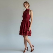 Anama` High Neck Halter Mini Cocktail Lace Dress Medium Wedding Guest Holiday
