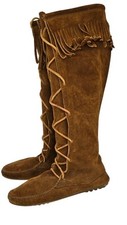 MINNETONKA Boho Hippie Knee Hi Lace Up Fringe Suede Moccasin Boots Size 8