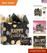 Large Birthday Gift Bag Set Black with Gold Foil, Includes Everything You Need