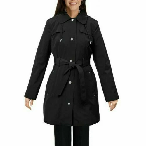 London Fog women's Black hooded Trench Rain Coat  - size Medium -removable hood - Image 2 of 4