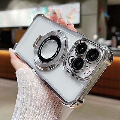 For iPhone 16 15 14 13 12 17 Pro Max Shockproof Clear Case w Magnetic Ring Stand
