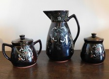 3 Piece Tea Set - Hand Painted Redware Pitcher, Condiment Sugar Bowls - Japan
