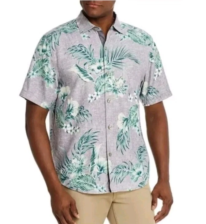 Tommy Bahama Goa Gardens Tropical 100% Silk Camp Shirt Size XXL Grey Green EUC