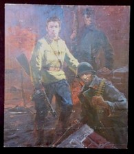 Large Vintage Painting 3 Soldiers Machine Gun Uniform War Signed Verso Illegible