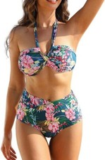 JASAMBAC 2 piece Bikini Set UK20 XL Green Floral Crossover Halter Neck