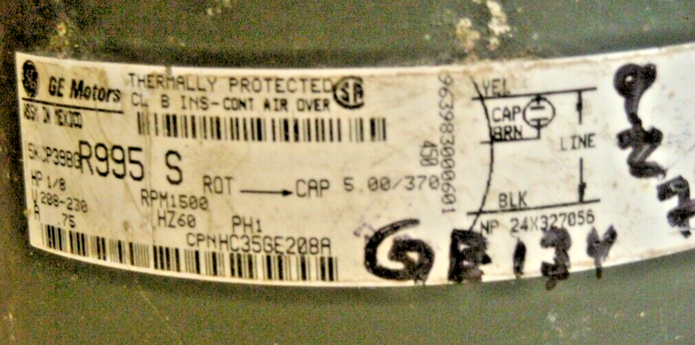 GE134 CONDENSER FAN MOTOR GE MOTORS 5KCP39BG 1/8 HP 1500 RPM 0.75A