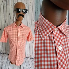  Shirt Red Gingham Check Cotton -Medium-  Vintage 1960s Mod Skin Slim Fit CG85u