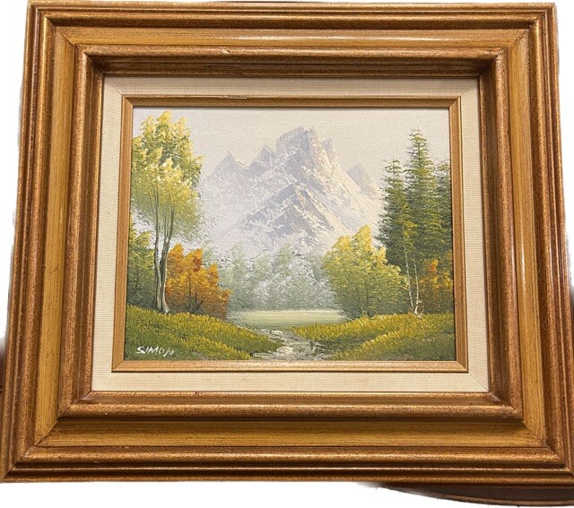 Y. SIMON 風景画 木製フレーム付き Vintage Original Mountain Landscape Painting Signed by Simon