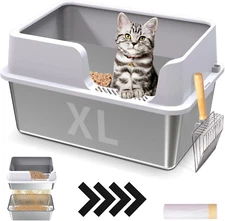 XL Stainless Steel Sifting Cat Litter Box with Sifting Box & Bottom Pan, Sifting