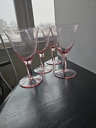 Hand Blown Tulip Pink Bubble Wine Glasses Contemporary Set Of 4 - Picture 8 of 18