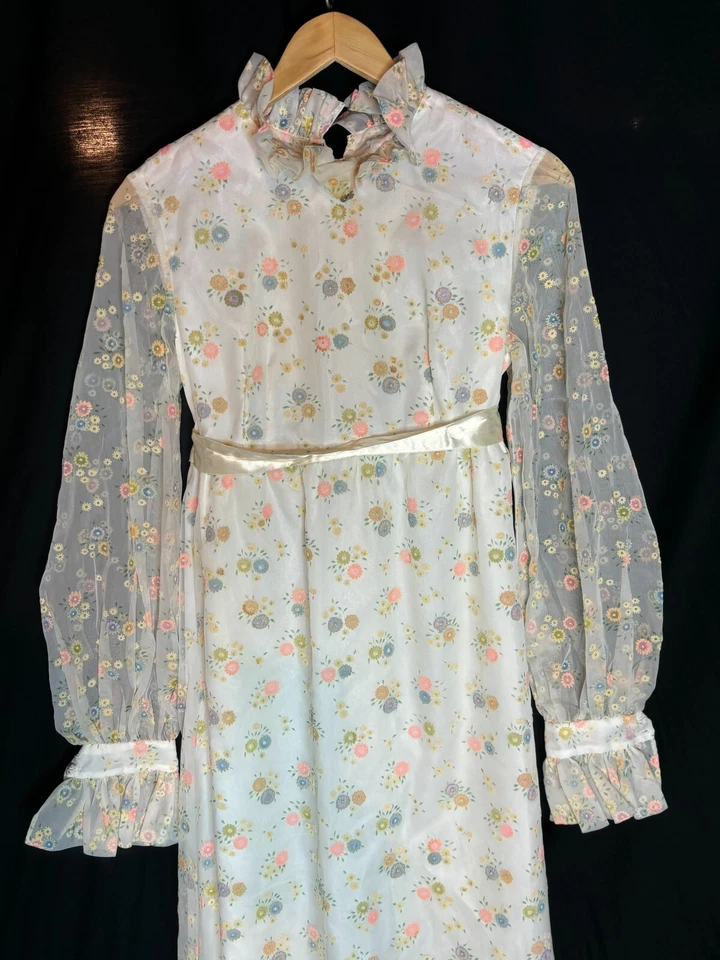 Винтажный 60-х 70-х годов прерии цветок питания пухлый рукав свадебное платье свадебное платье S/M - Изображение 2 из 4