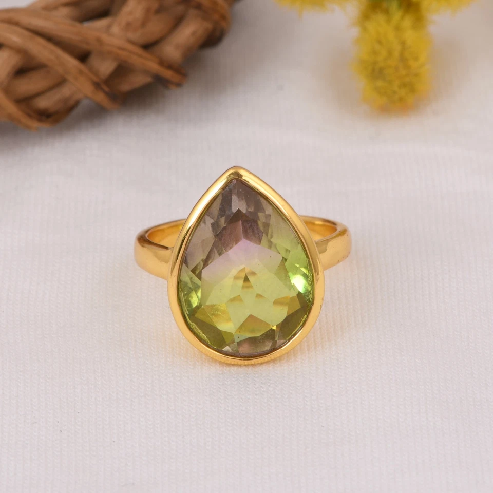 Anillo de piedras preciosas de cuarzo pavo real corte pera enchapado en oro joyería minimalista para regalo Foto 3 de 4