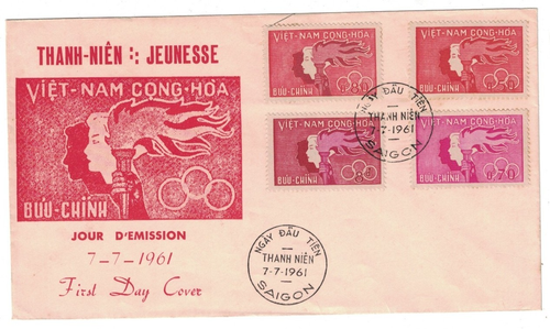 1961 VIETNAM FDC THANH-NIEN JEUNESSE 4 STAMPS 2 CANCELS COLOR CACHET