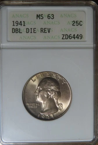 1941 P Washington Quarter 25C — ANACS MS63 — Double Beak (DDR) — Cert ZD6449