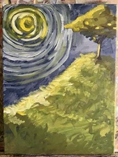 French Realism 12x16 Original Oil Painting On Canvas Tree Moon Grassy Field