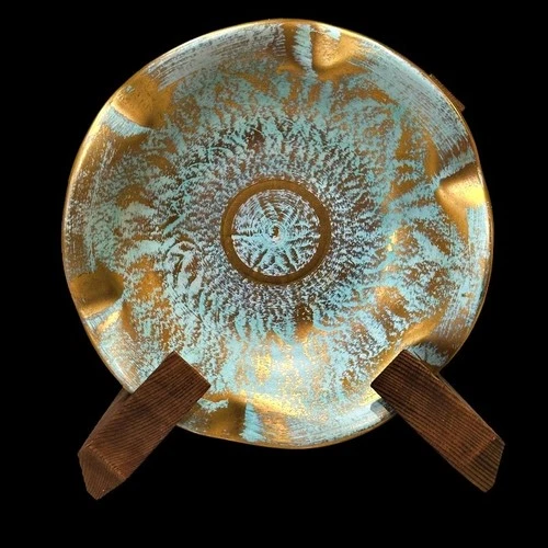 Vintage Stangl Pottery Bowl 22KT Antique Gold Blue Hand Painted Wavy 4061 USA