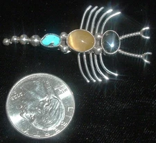VINTAGE " ELSIE YAZZIE " NAVAJO SCORPION BROOCH, TURQUOISE, HEMATITE , ETC