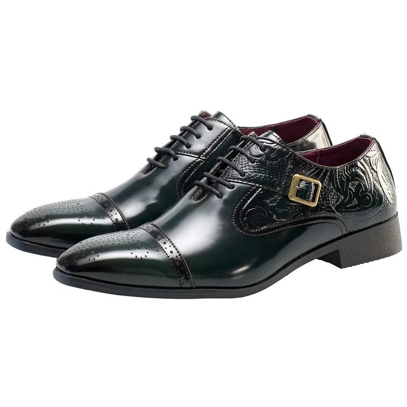 Zapatos informales de cuero sintético con cordones tallados brogue puntiagudos de negocios para hombre Foto 3 de 4