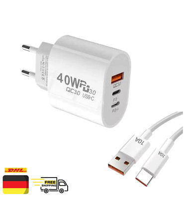 3-fach Schnell Ladegerät 40W Netzteil 2x USB-C + 1x USB Charger Mehrfach Stecker