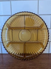 Indiana Glass Amber Ribbed 4 Part Relish Dish 10" Divided Platter MCM Vintage