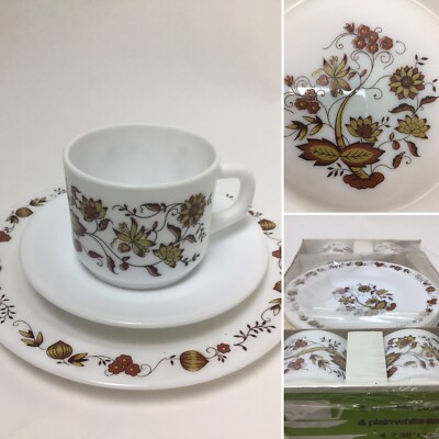 Vintage 4 x Tasse Untertasse & Teller Set von Arcopal Geschirr 70er Kitsch Retro Haushaltswaren