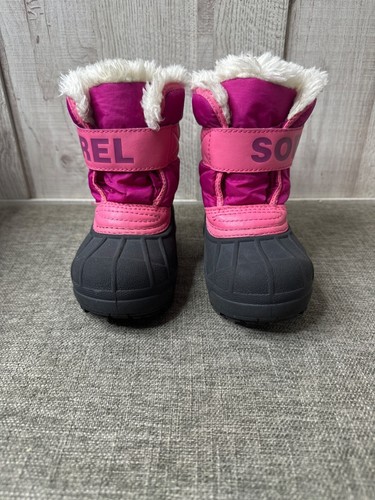 Sorel Youth Snow Boots Size 7 Pink & Black Faux Fur Waterproof Winter Footwear - Picture 5 of 9