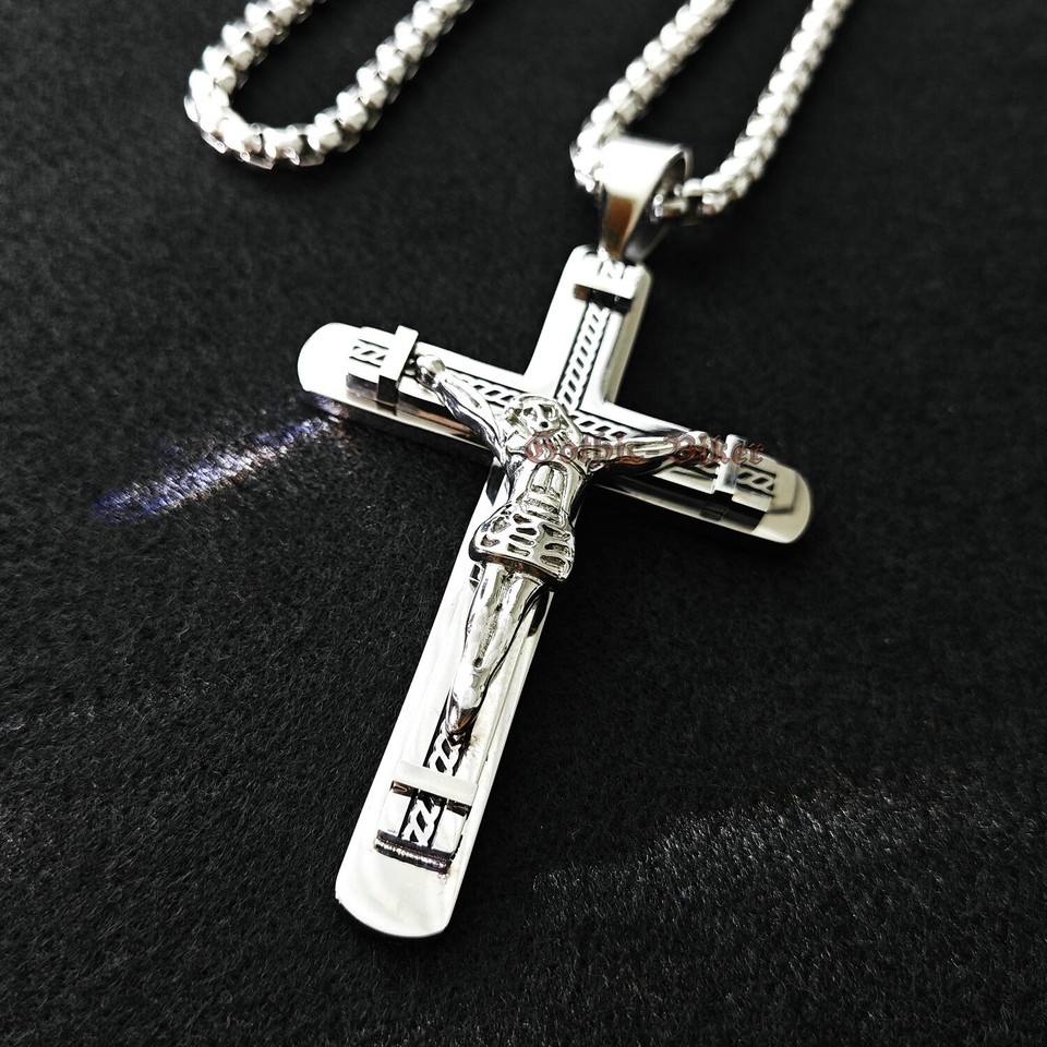 Large Jesus Christ Crucifix INRI Cross Stainless Steel Pendant Chain ...