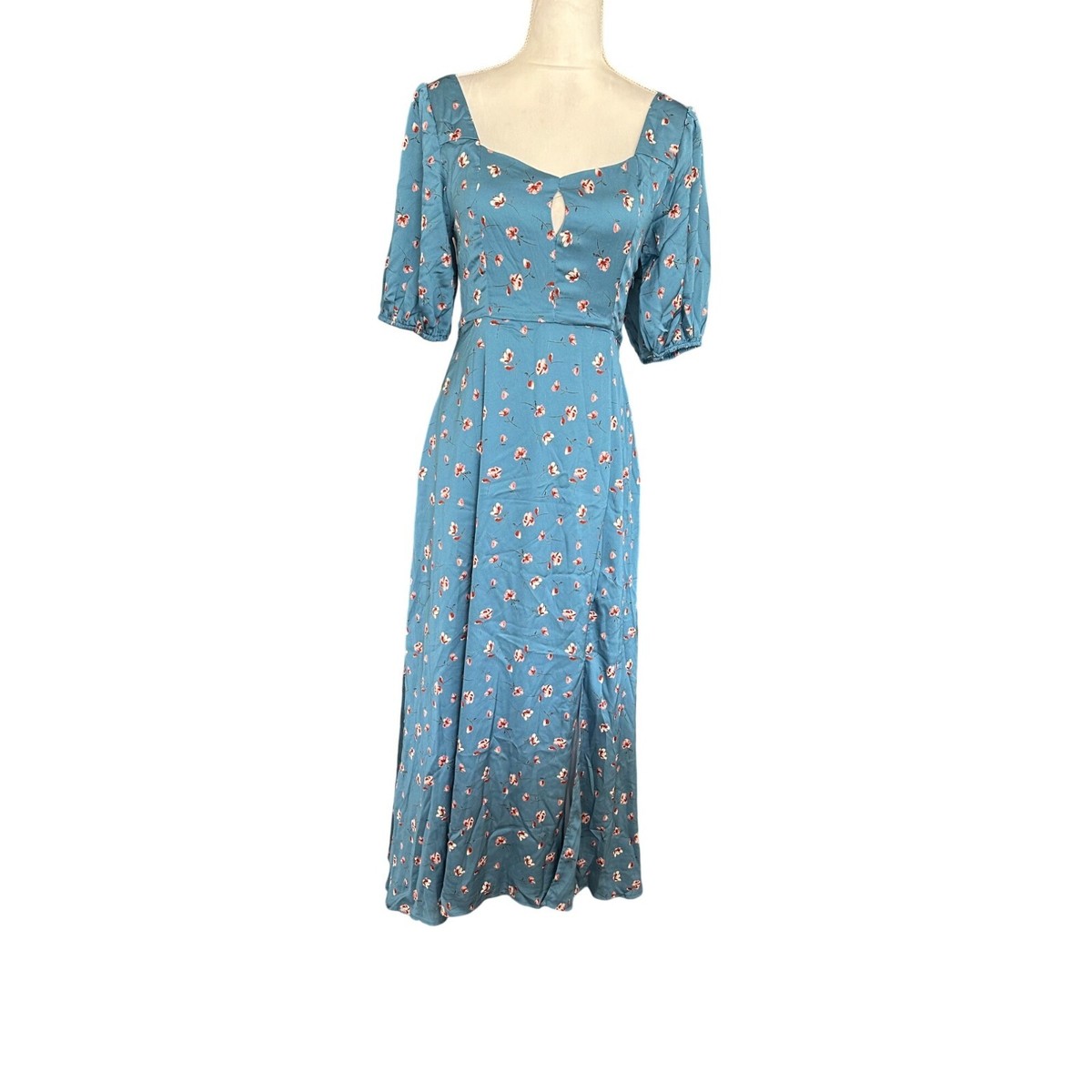 sachin and babi light blue dress Lulus Gorgeous Days Blue Floral Satin Puff Sleeve Midi Dress Keyhole Detail  Sz S