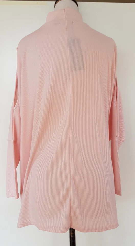 BOOHOO Soft Pink High Neck Cold Shoulder Batwing Rib Knit Top Size 16 BNWT - Image 3 of 4