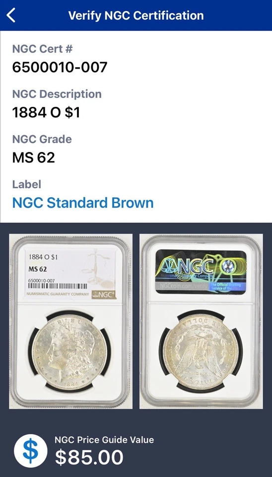 1884 O MS 62 Morgan Silver Dollar Silver Coin NGC Toning Light Gold Reverse Side - Image 2 of 4