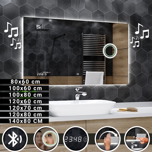 Miroir Salle De Bain LED Dubai – Bluetooth, Horloge, Interrupteur, Moderne, Personnalisable, Neuf !
