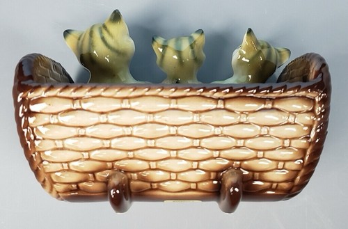 Vintage Lipper And Mann 3 Tiger Cats in a Brown Ceramic Wicker Cradle Japan - Picture 8 of 20