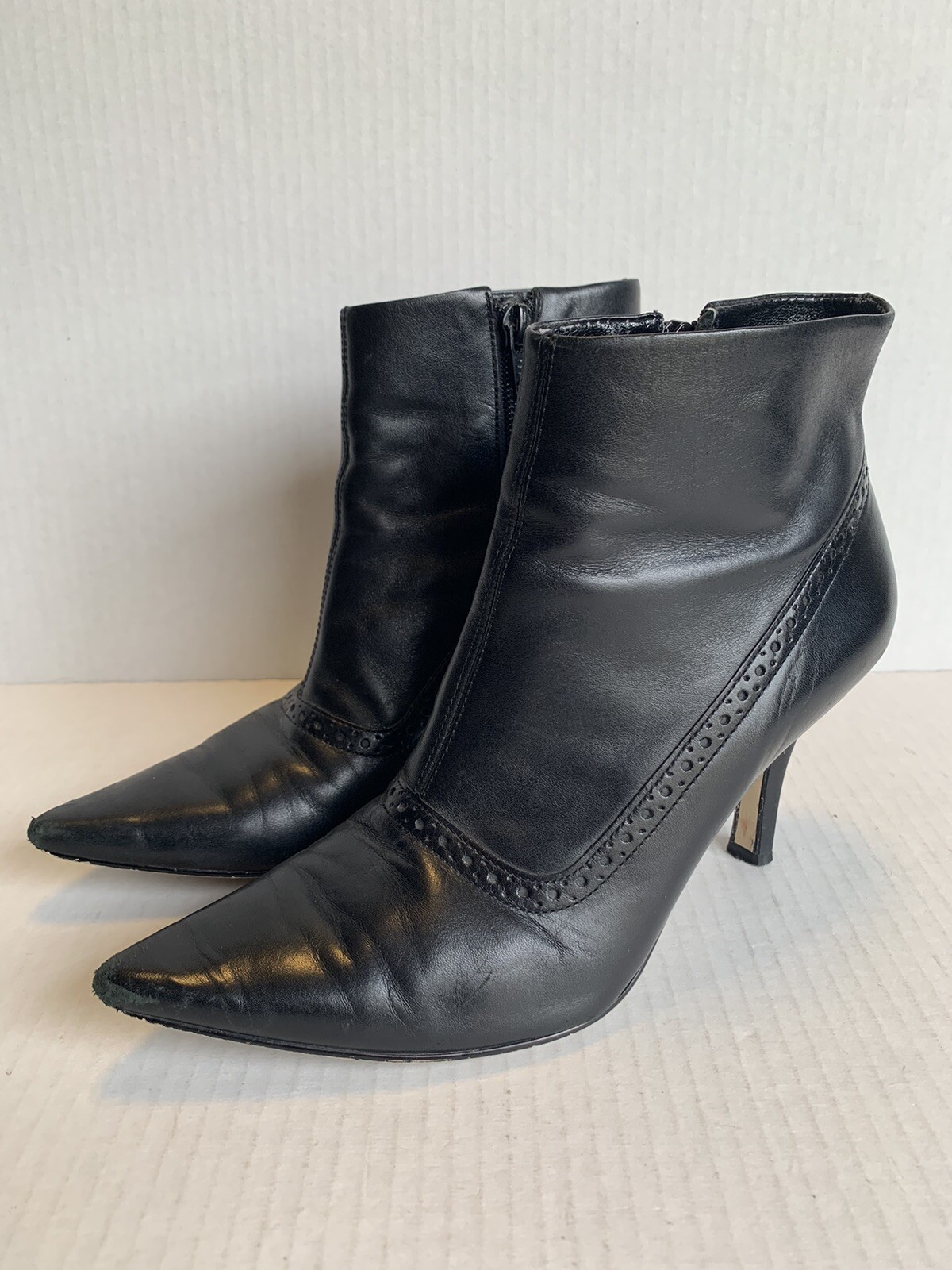 Franco Sarto High Heel Ankle Boots Black Leather Side Zip Pointed