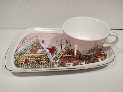 Grace Ceramic Winter Wonderland Chalet Snack Plate & Cup Gingerbread Christmas 