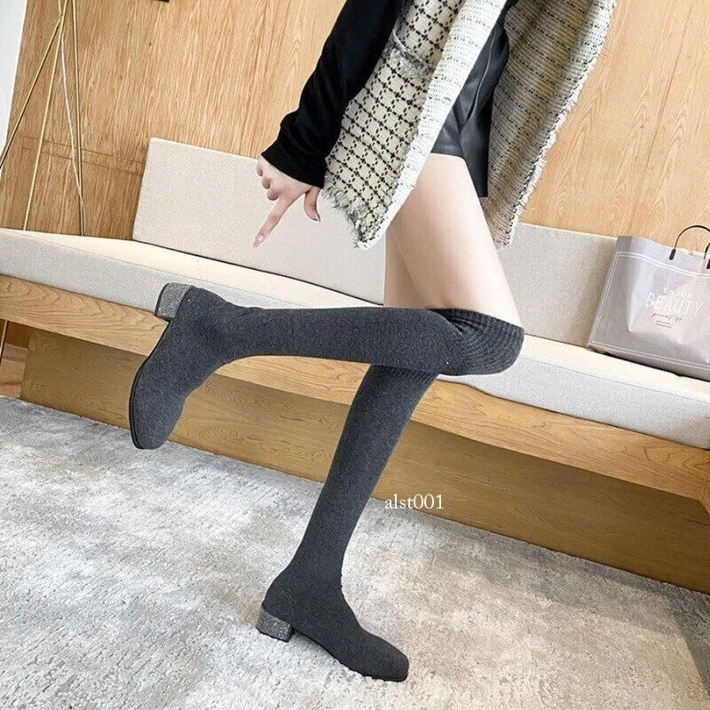 Para mujeres Sobre la Rodilla Calcetín Botas Tejer Calcetín Botas Altas Zapatos Planos Foto 2 de 4