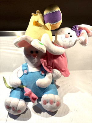 Weighted Bunny Rabbit Holding Bunny & Chick With Egg Door Stop Easter Decor VTG