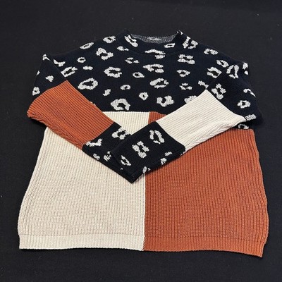 Leopard Color Block Crewneck Pullover Sweater