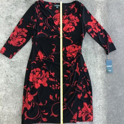 Lauren Ralph Lauren Midi ドレス Lauren Ralph Lauren Black Red Floral Wrap 3/4 Sleeve Midi