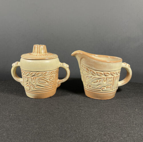 Frankoma Pottery Mayan Aztec Creamer and Sugar Dish w Lid Desert Gold 7A 7B - Picture 1 of 10