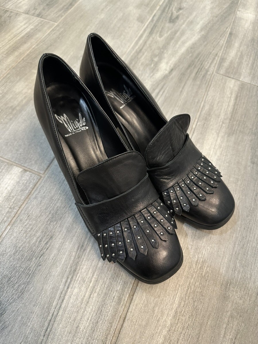 Mivida Womens Italy Vera Gomma Black Leather Loafers Fringe 
