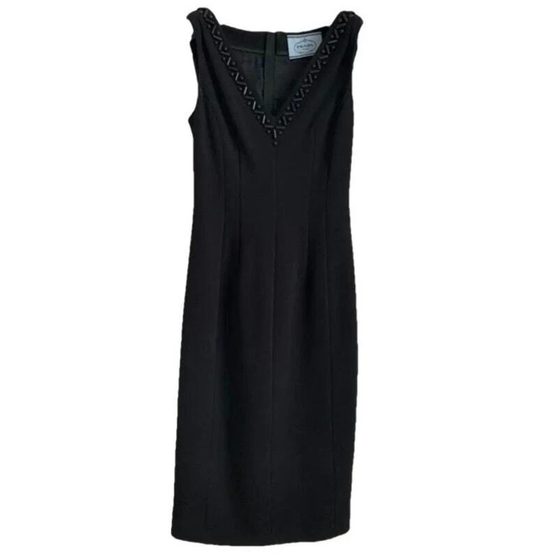 Abito tubino donna Prada nero senza maniche perline scollo a V elasticizzato cocktail lana