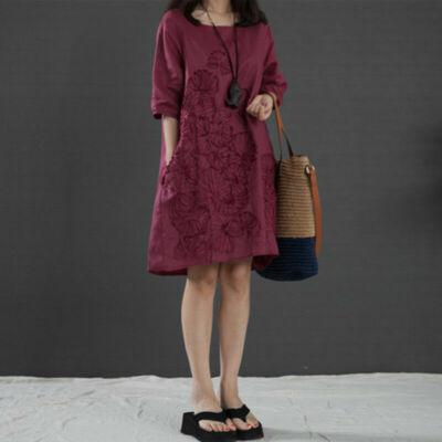 Robe Tunique Chemisier Femme En Lin Floral - Manches 3/4 - Style Bohème - Été