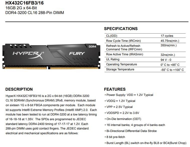 New Kingston HyperX Fury 16GB DDR4-3200 SDRAM 288-Pin DIMM