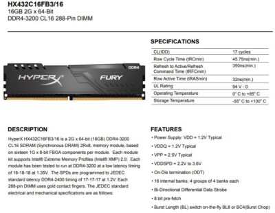 New Kingston HyperX Fury 16GB DDR4-3200 SDRAM 288-Pin DIMM