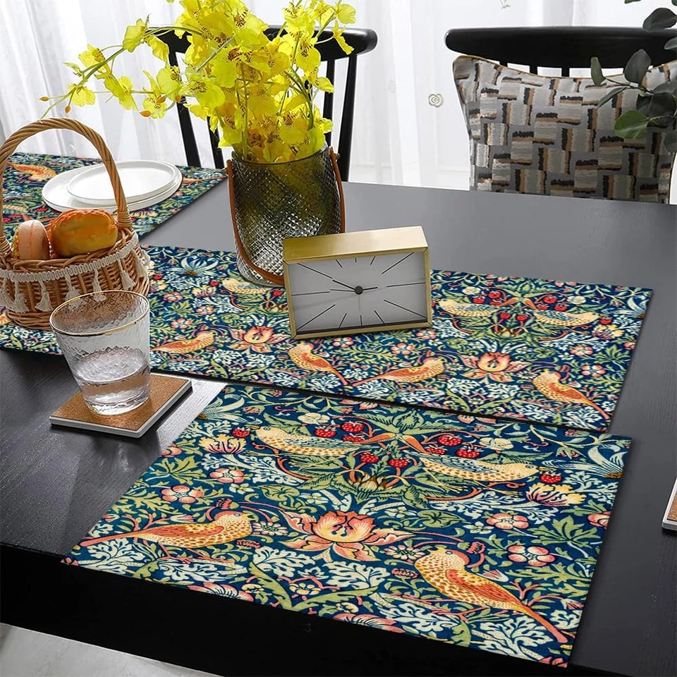 Juego de 6 manteles y manteles individuales de algodón y lino, William Morris Strawberry Thief Foto 4 de 4