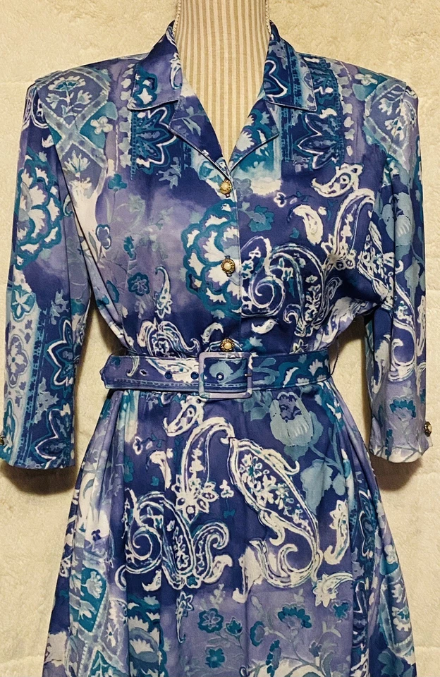 Vestido De Colección Años 70 80 California LOOKS Floral Paisley Cinturón Día del Té Azul Para Mujer’s 8P Foto 4 de 4