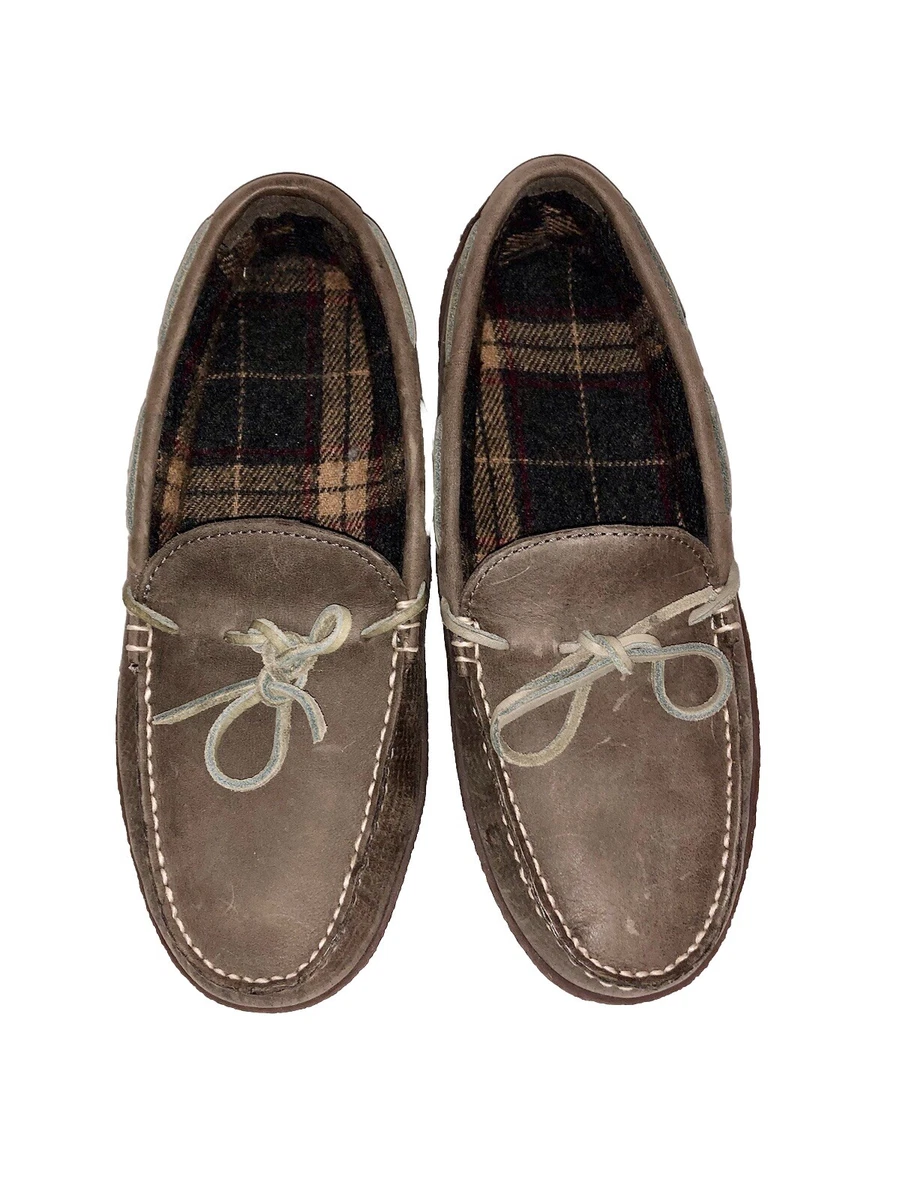 L.L. Bean Men\'s Brown Leather Moccasin Slippers Plaid Lining Size 8 Medium Men main image 4