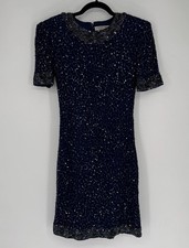 Adrianna Papell Evening Dress 8 Gown Silk Blue Beaded Cocktail Party Event